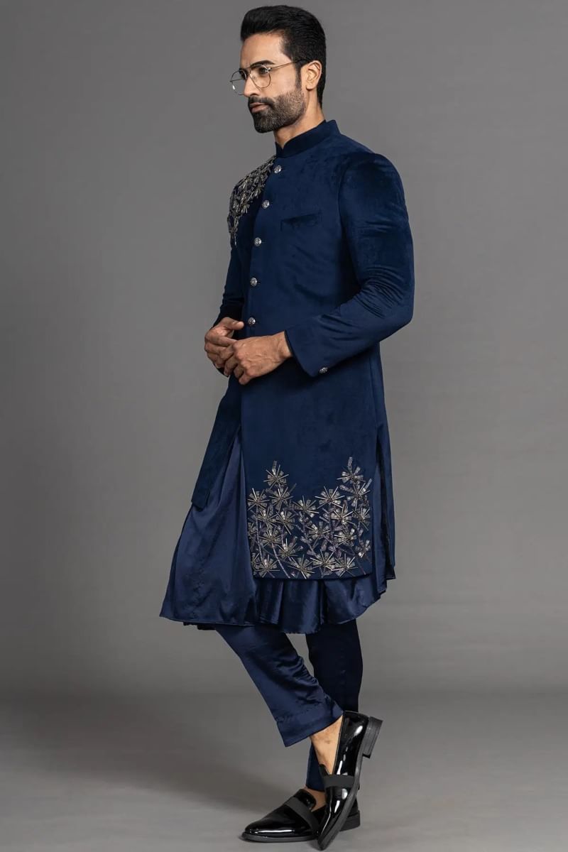 Dark Navy Cutdana Zardosi Suede Sherwani (3-Piece) - Image 4