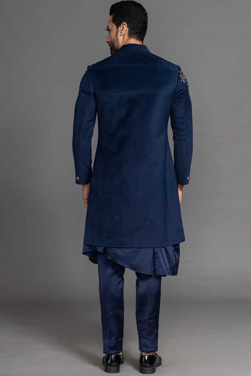 Dark Navy Cutdana Zardosi Suede Sherwani (3-Piece) - Image 6