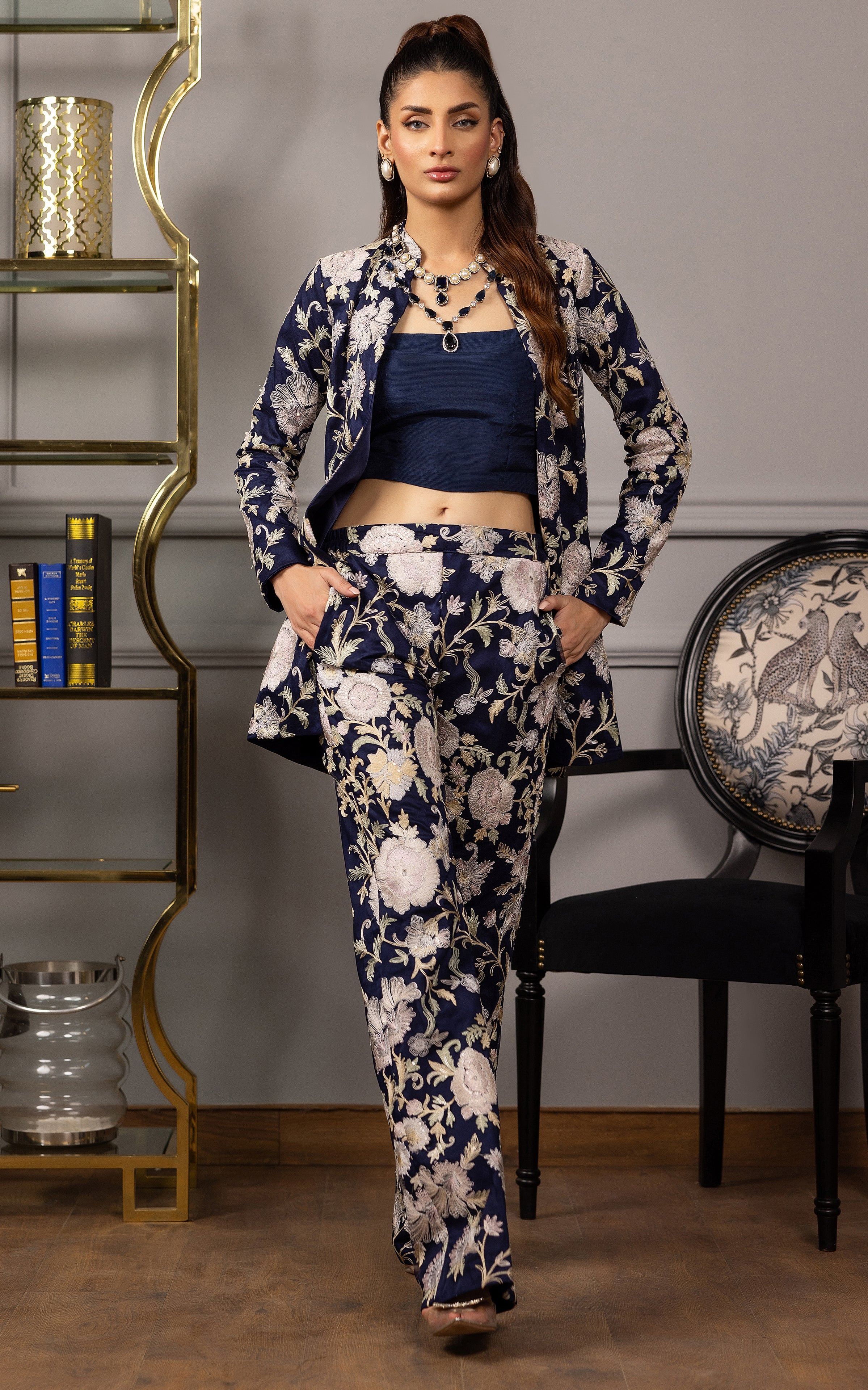 Navy Floral Embroidered Net Jacket and Trouser (2-Piece) - Image 1