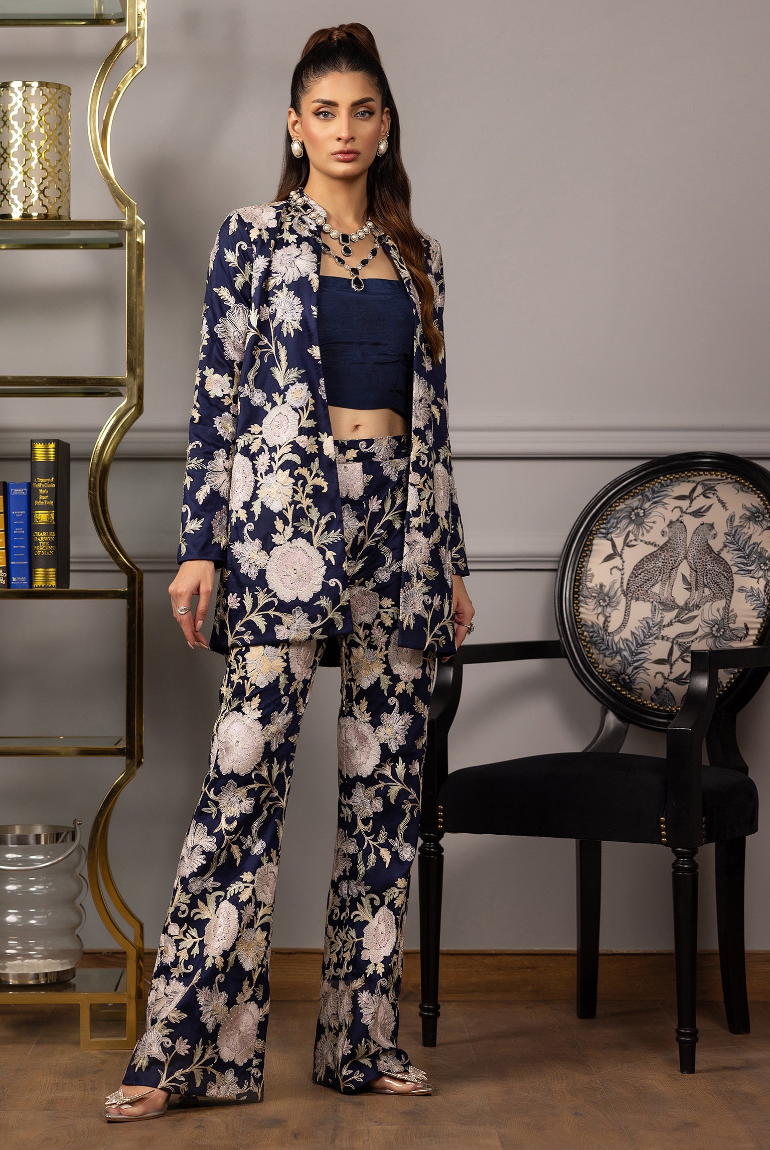 Navy Floral Embroidered Net Jacket and Trouser (2-Piece) - Image 4