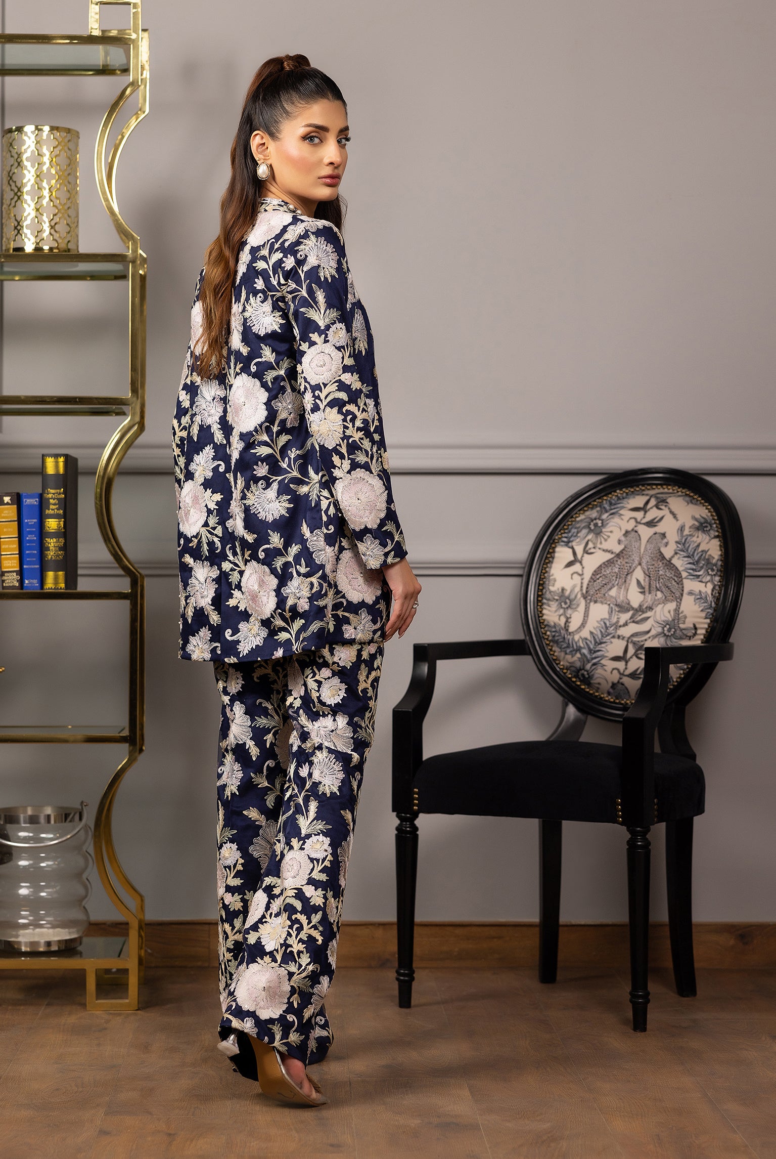 Navy Floral Embroidered Net Jacket and Trouser (2-Piece) - Image 5