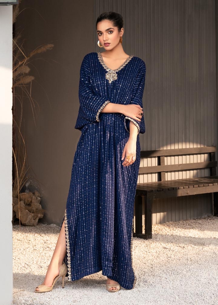 Pakistani Navy Blue Sequin Embroidered Chiffon Kaftan (1-Pc) - Image 1
