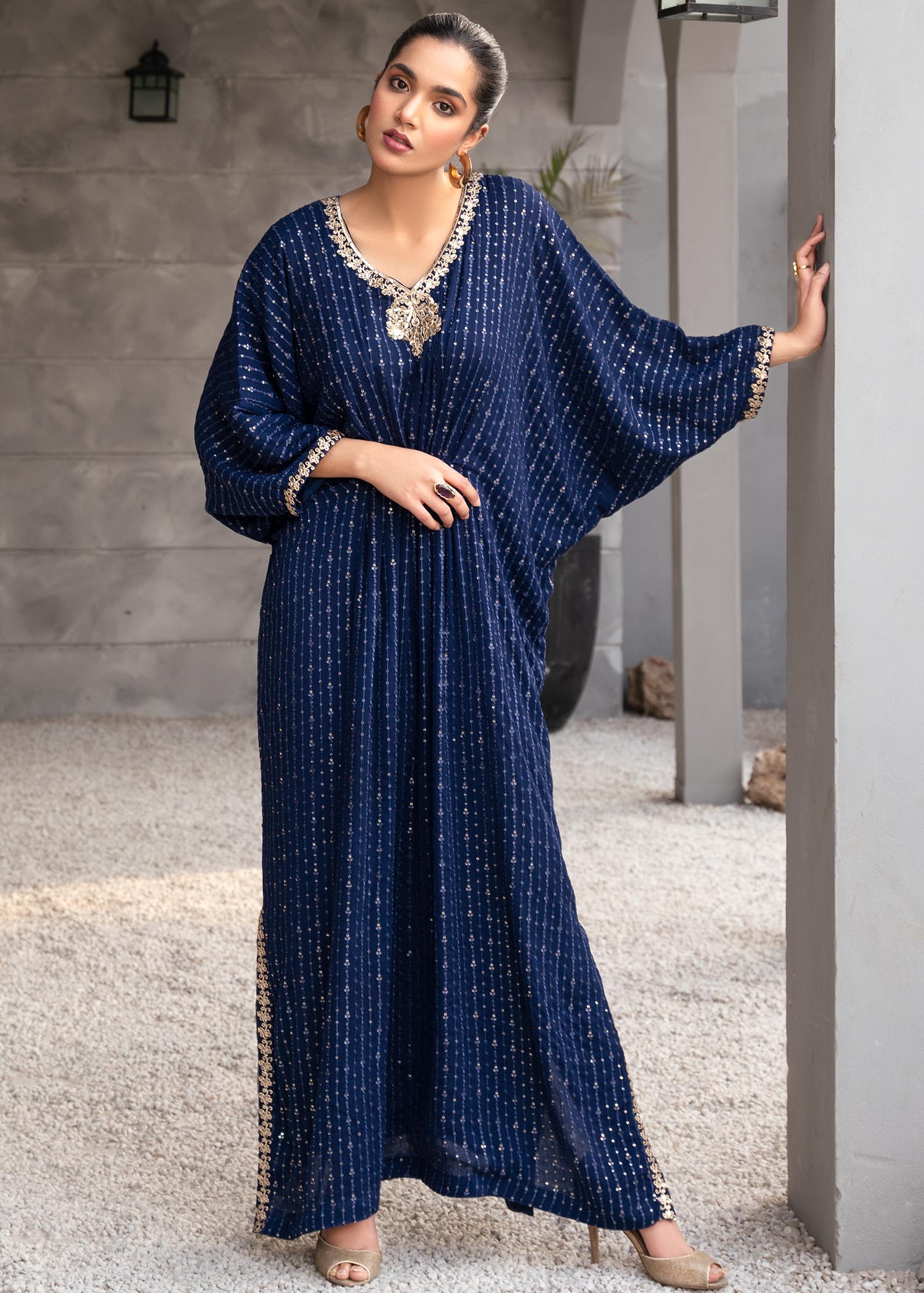 Pakistani Navy Blue Sequin Embroidered Chiffon Kaftan (1-Pc) - Image 2