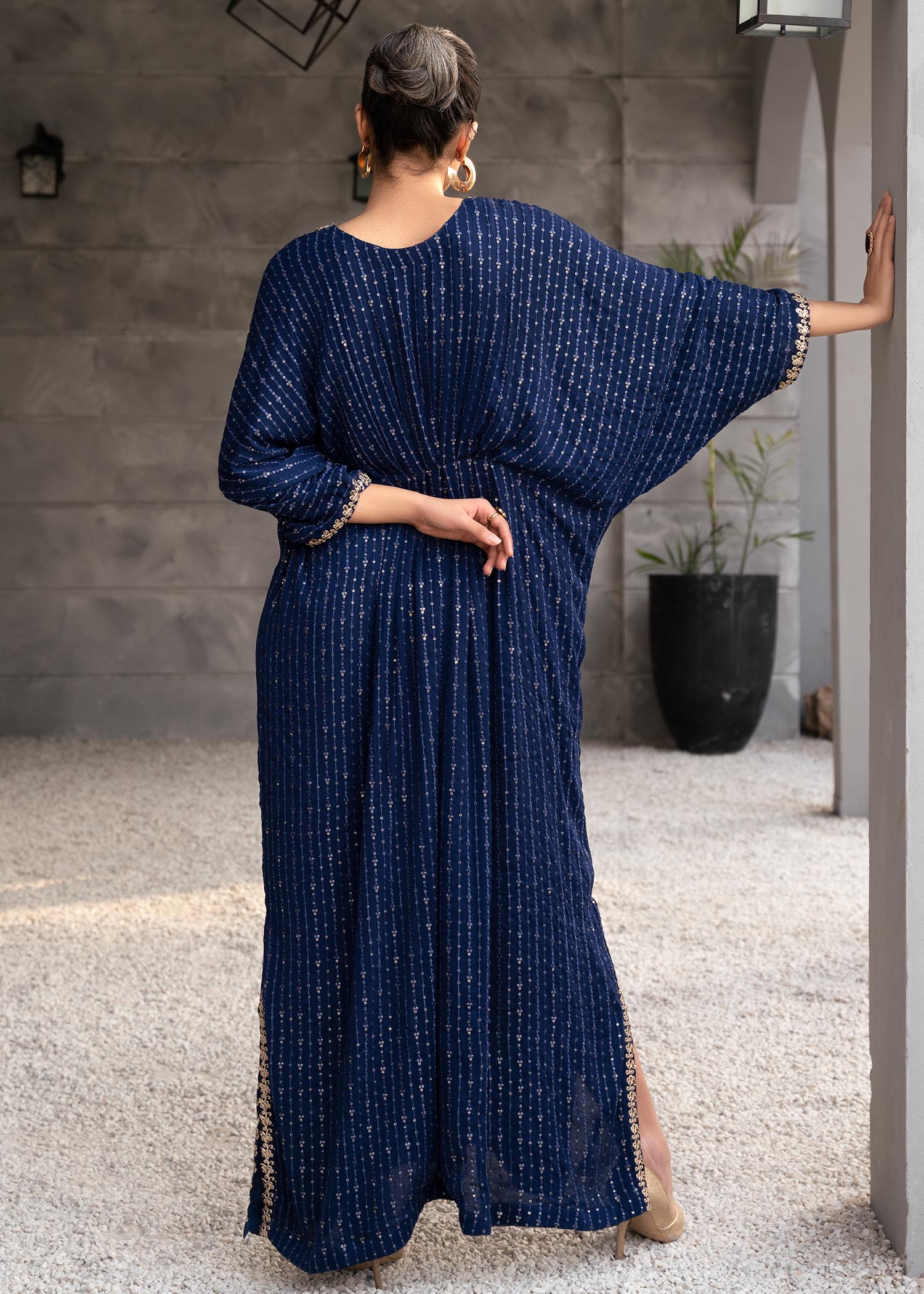 Pakistani Navy Blue Sequin Embroidered Chiffon Kaftan (1-Pc) - Image 3