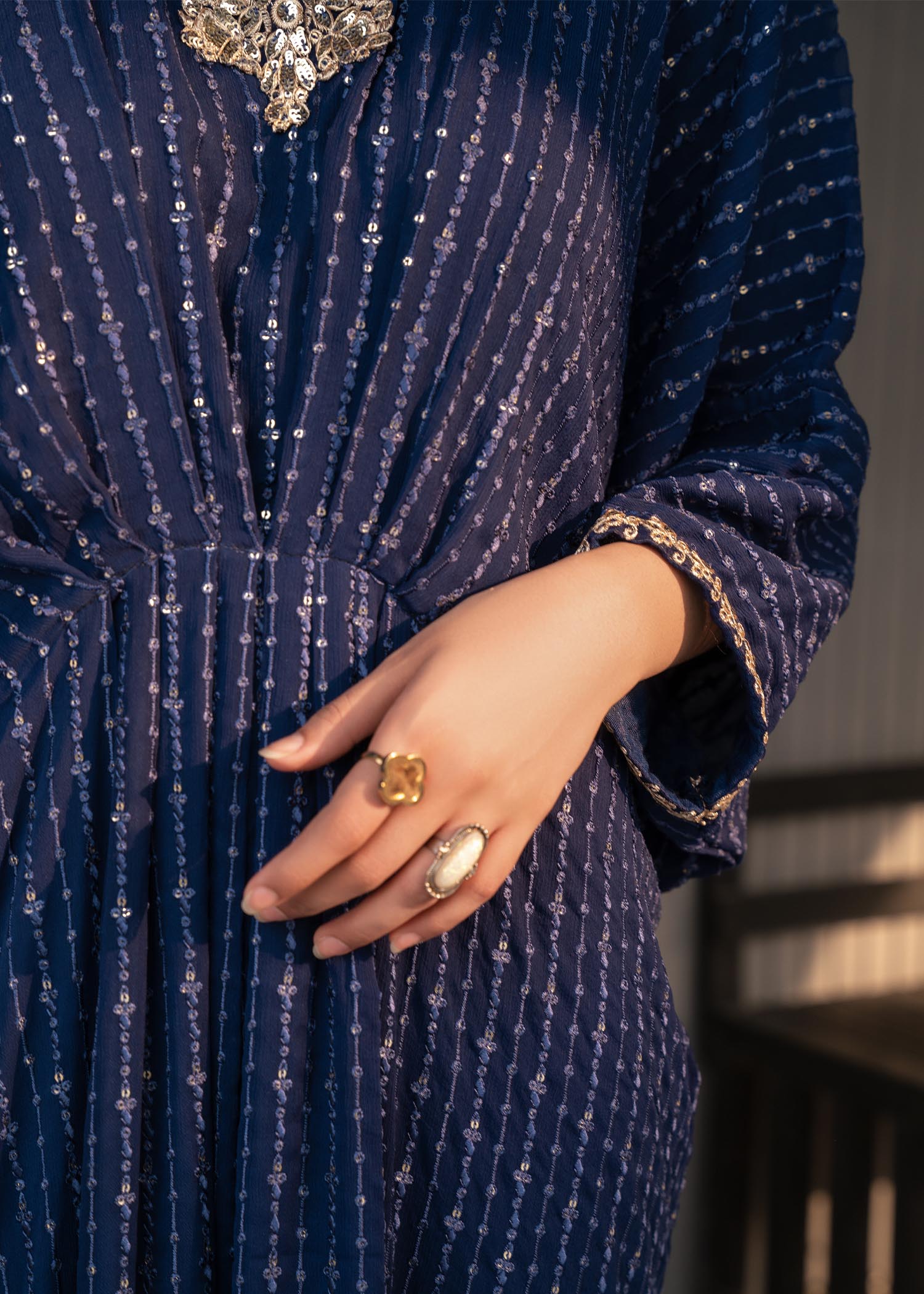 Pakistani Navy Blue Sequin Embroidered Chiffon Kaftan (1-Pc) - Image 6