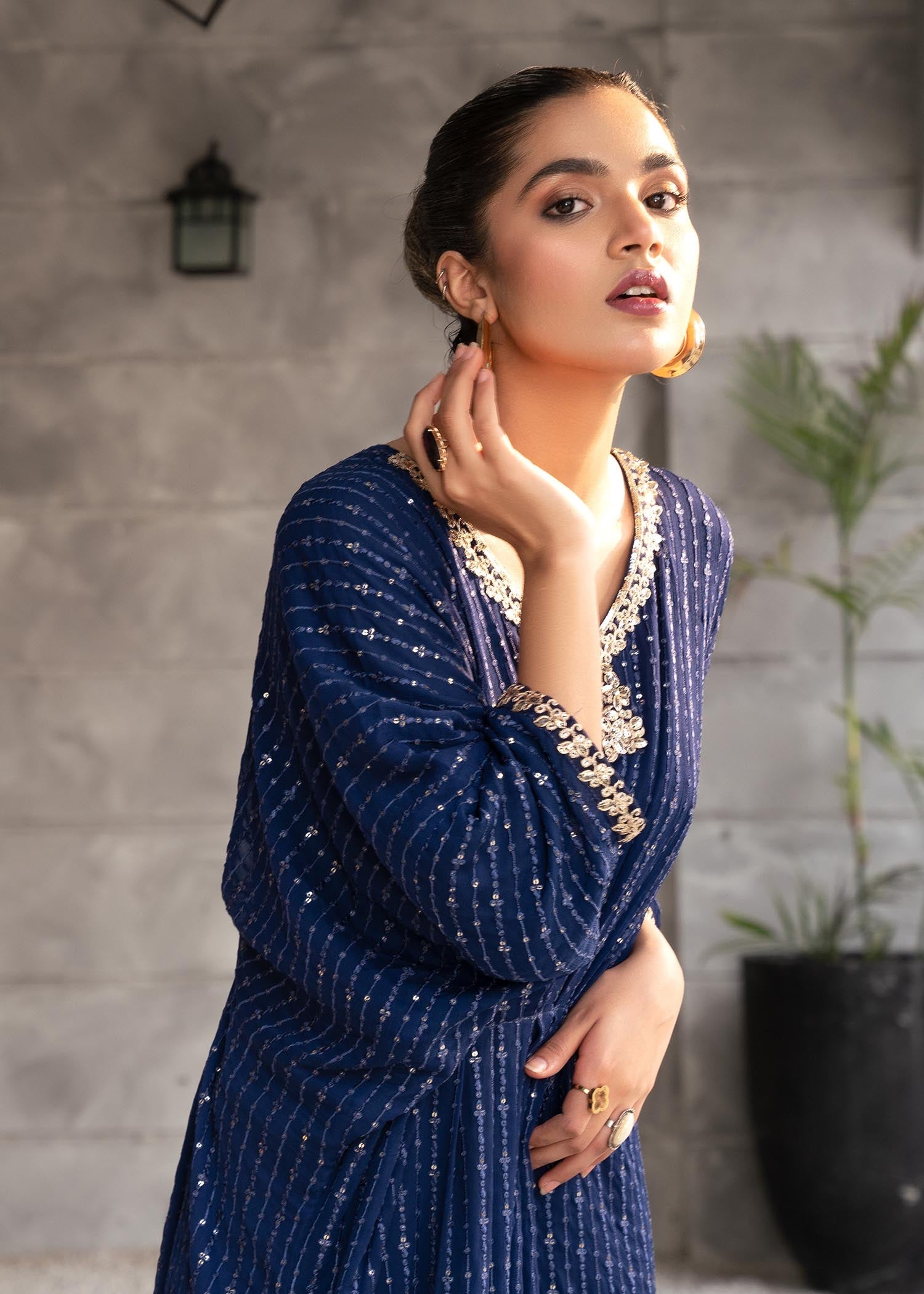 Pakistani Navy Blue Sequin Embroidered Chiffon Kaftan (1-Pc) - Image 8