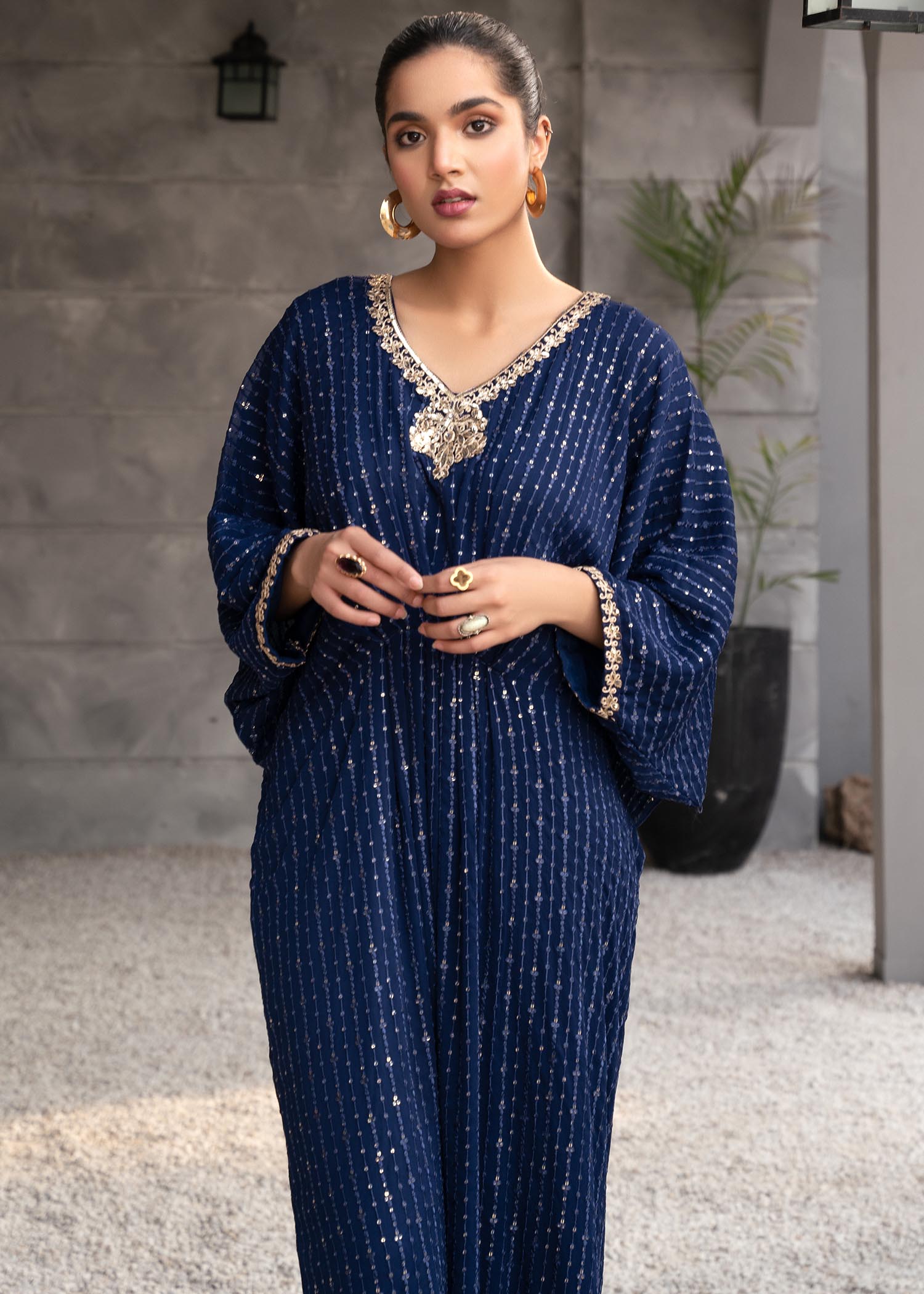Pakistani Navy Blue Sequin Embroidered Chiffon Kaftan (1-Pc) - Image 9