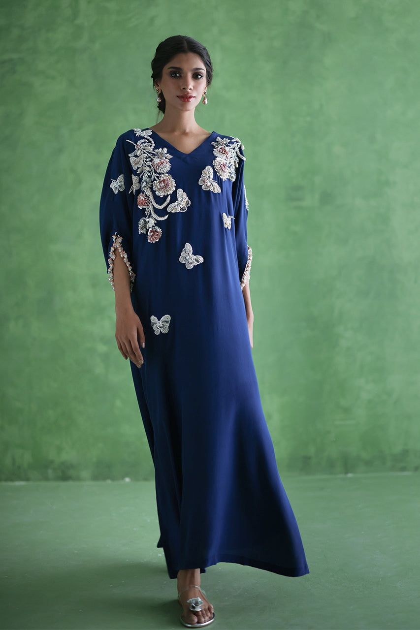 Pakistani Navy 3D Beaded Crepe Silk Kaftan (1-Pc) - Image 3