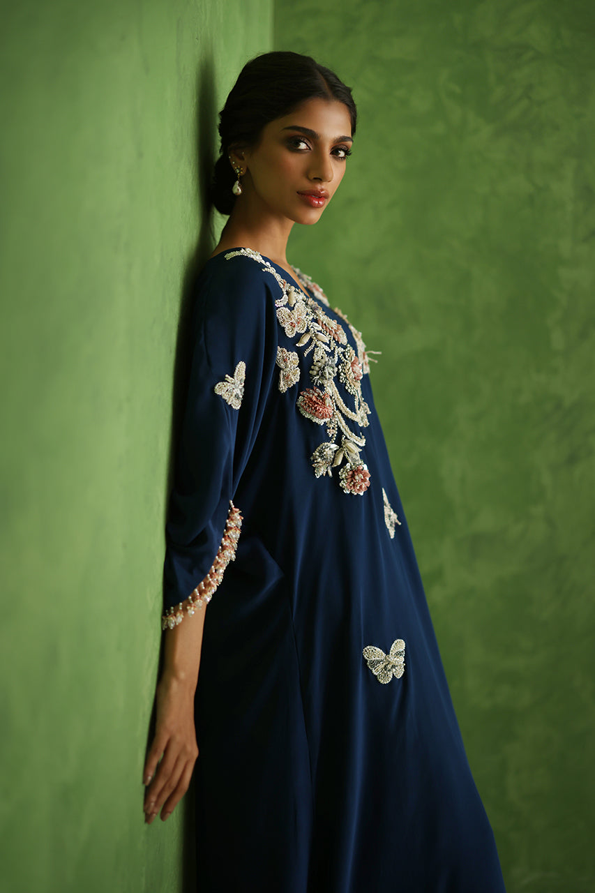 Pakistani Navy 3D Beaded Crepe Silk Kaftan (1-Pc) - Image 4