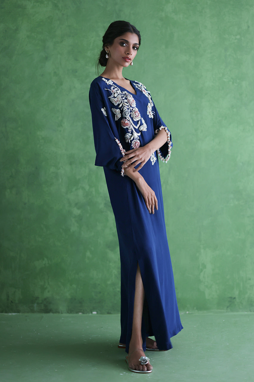 Pakistani Navy 3D Beaded Crepe Silk Kaftan (1-Pc) - Image 6