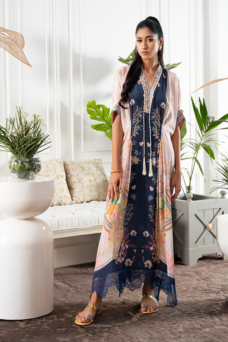 Navy and Blush Handworked Crepe Silk Kaftan (1-Pc) - Image 1