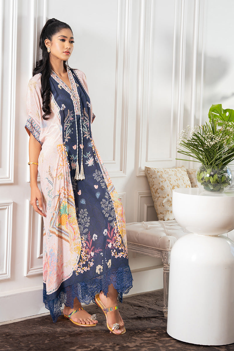 Navy and Blush Handworked Crepe Silk Kaftan (1-Pc) - Image 5