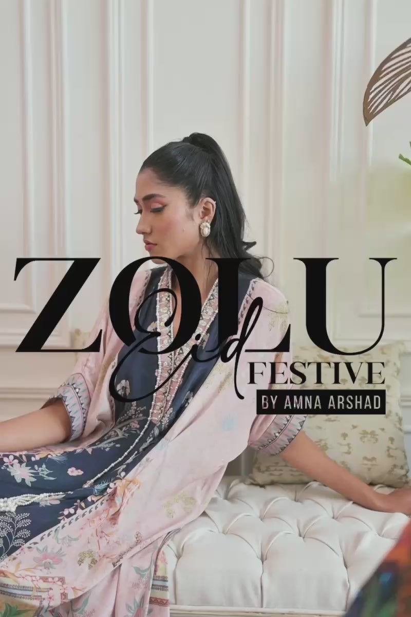 Navy and Blush Handworked Crepe Silk Kaftan (1-Pc) - Image 9