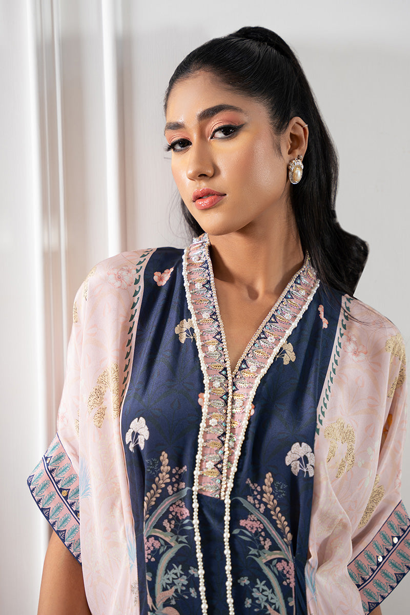 Pakistani Navy and Blush Handworked Crepe Silk Kaftan (1-Pc) - Image 3