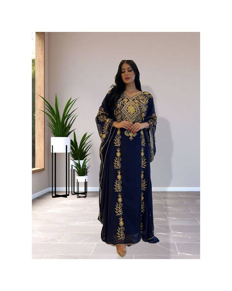 Navy Blue Zari Embroidered Georgette Kaftan (1-Pc) - Image 1