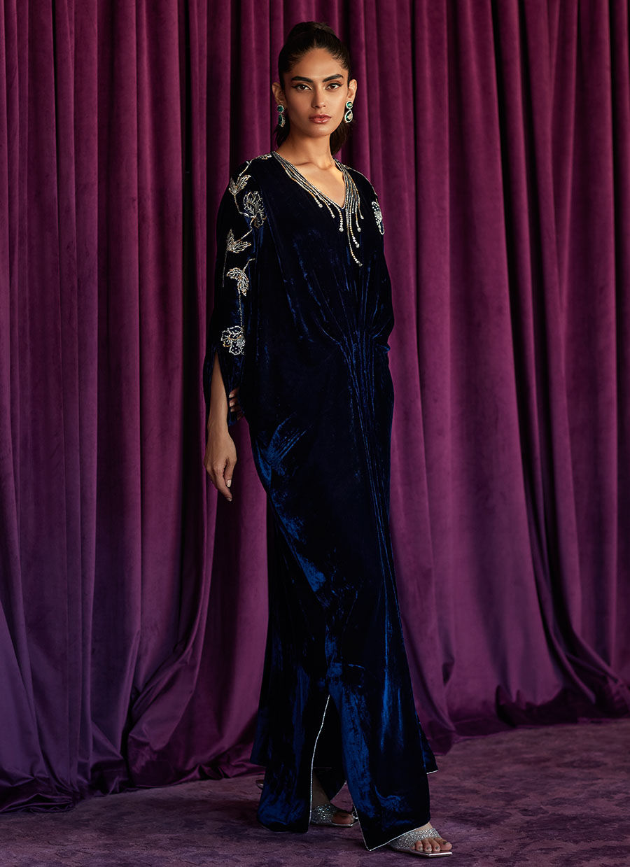 Navy Hand-Embroidered Velvet Kaftan (1-Pc) - Image 1