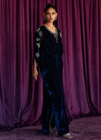 Navy Hand-Embroidered Velvet Kaftan (1-Pc) - Image 2