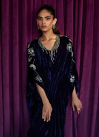 Navy Hand-Embroidered Velvet Kaftan (1-Pc) - Image 3