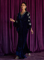 Navy Hand-Embroidered Velvet Kaftan (1-Pc) - Image 4