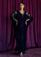 Navy Hand-Embroidered Velvet Kaftan (1-Pc) - Image 5