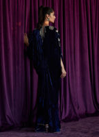 Navy Hand-Embroidered Velvet Kaftan (1-Pc) - Image 7