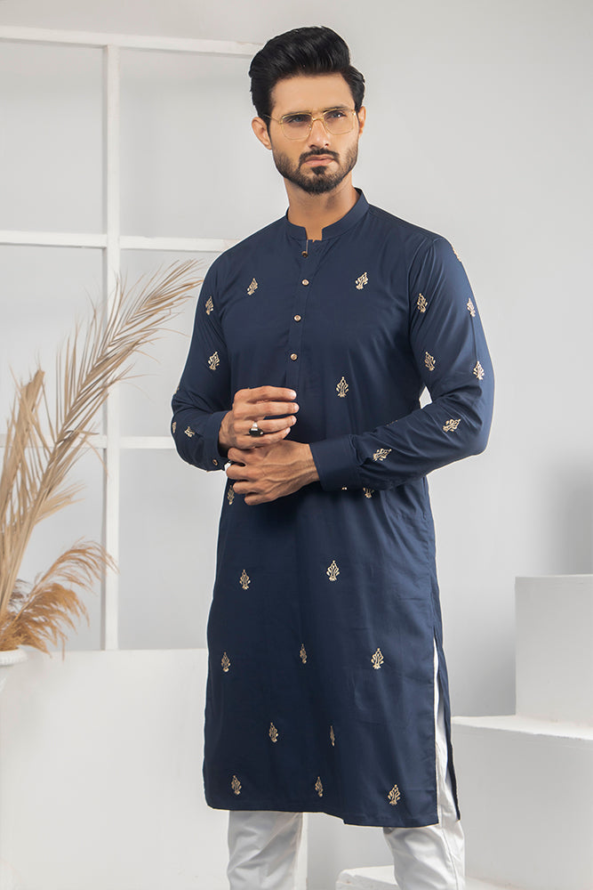 Navy Blue Gold-Embroidered Cotton Kurta (2-Piece) - Image 2