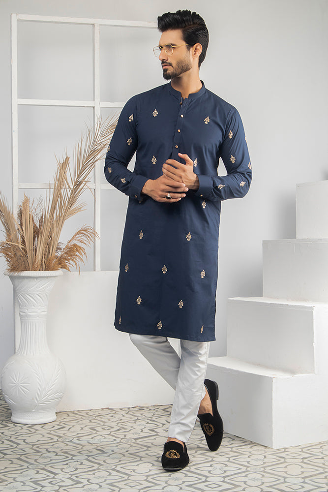 Navy Blue Gold-Embroidered Cotton Kurta (2-Piece) - Image 4