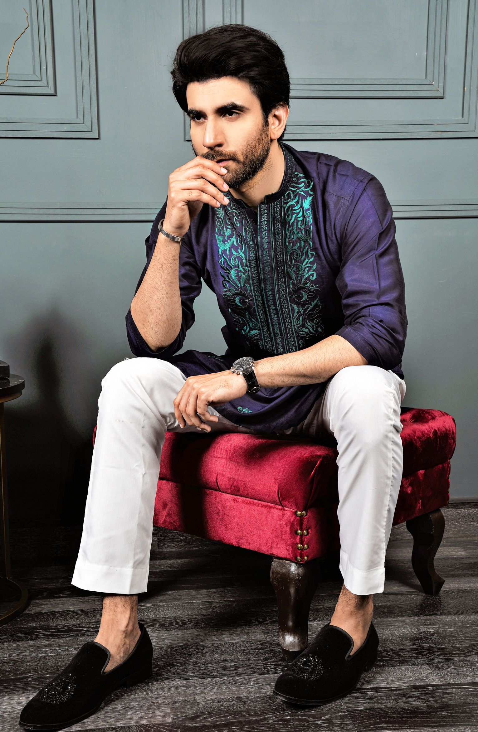 Navy Blue Embroidered Cotton-Silk Kurta (2-Piece) - Image 1