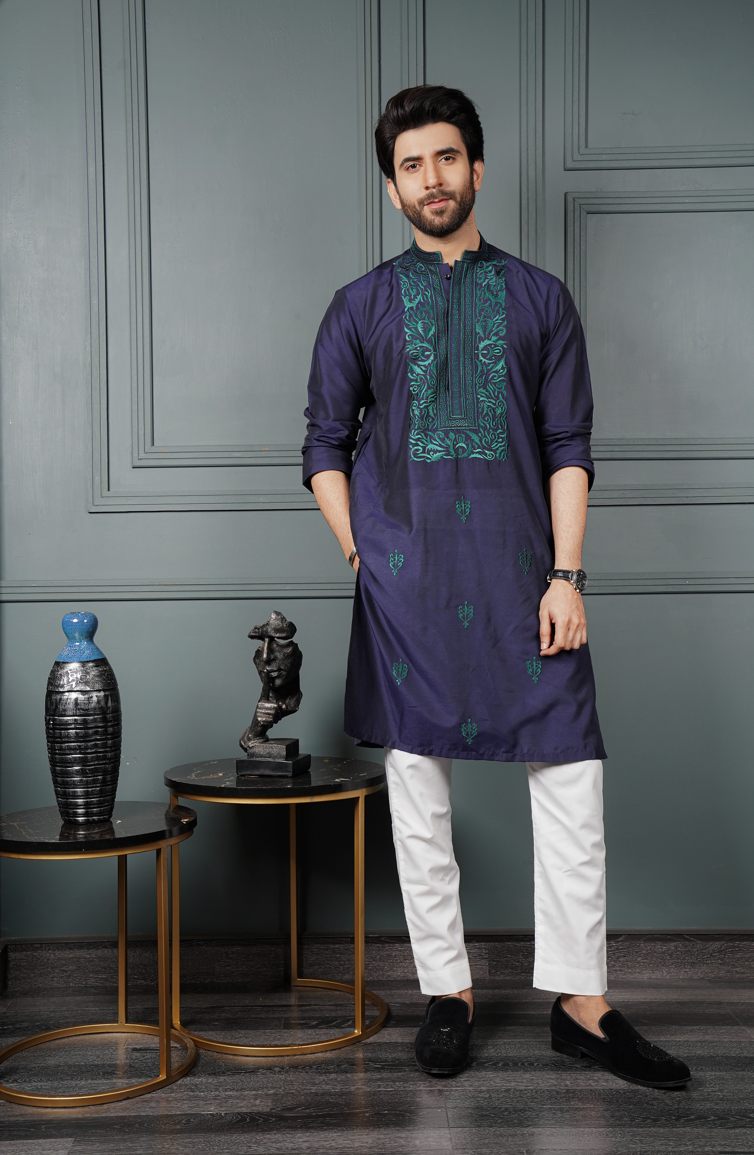 Navy Blue Embroidered Cotton-Silk Kurta (2-Piece) - Image 3