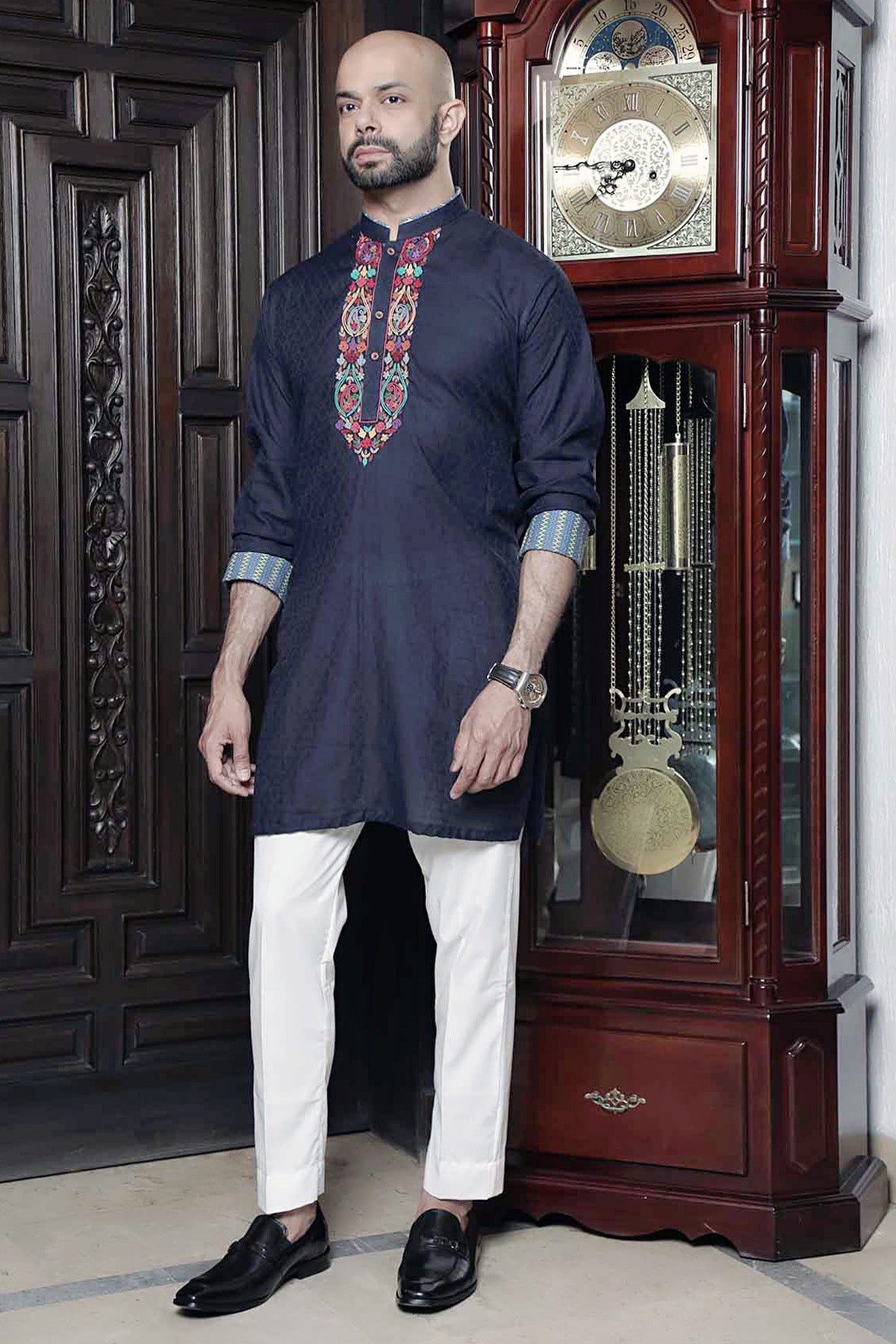 Navy Blue Embroidered Cotton Kurta (2-Piece) - Image 1