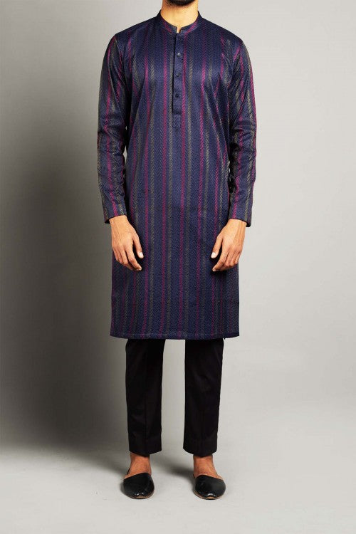 Navy Blue Embroidered Egyptian Cotton Kurta (2-Piece) - Image 1