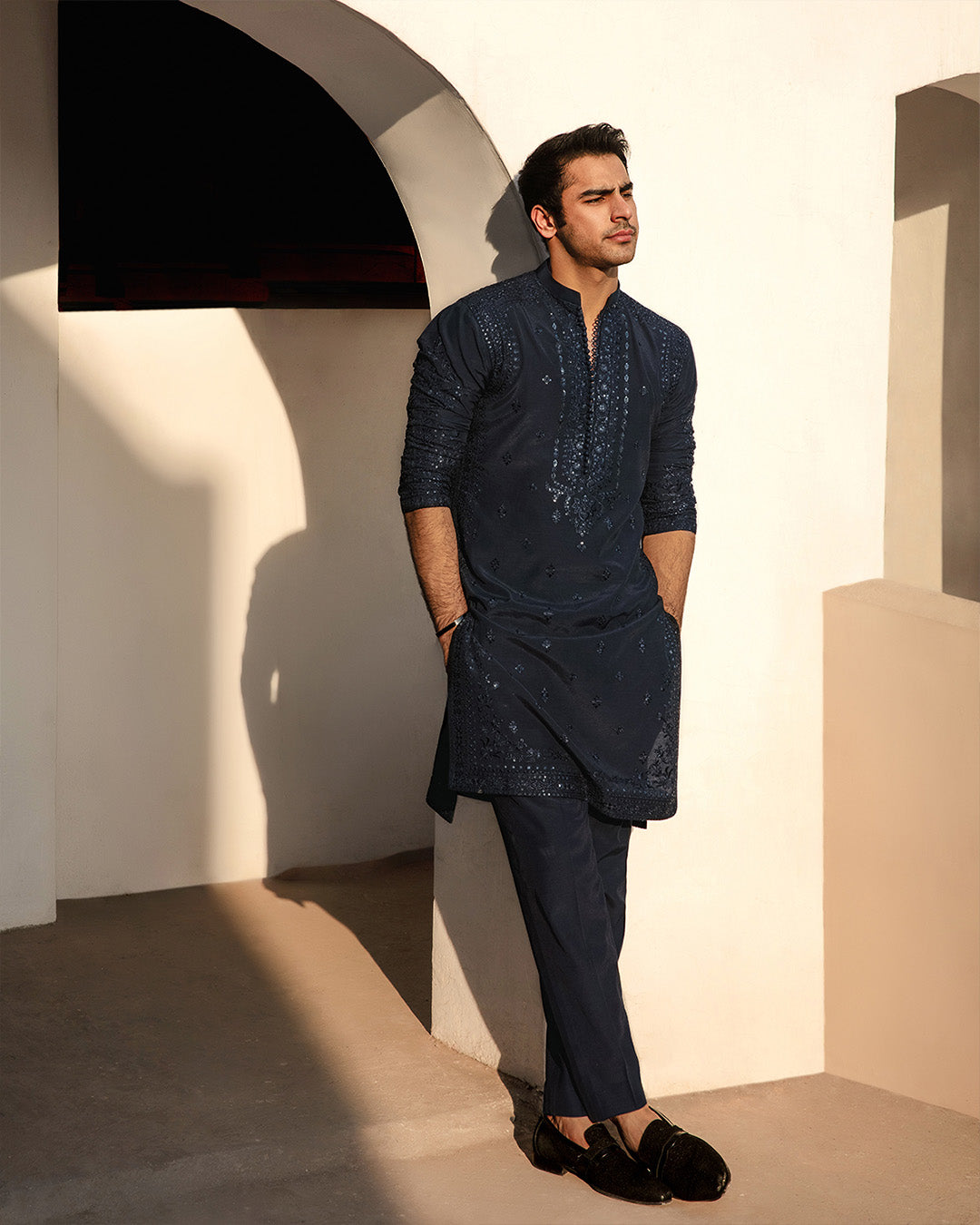 Navy Blue Embroidered Karandi Kurta Set (2-Piece) - Image 1