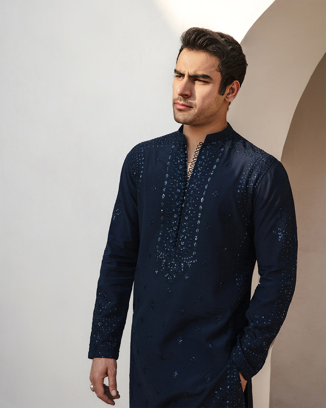 Navy Blue Embroidered Karandi Kurta Set (2-Piece) - Image 2