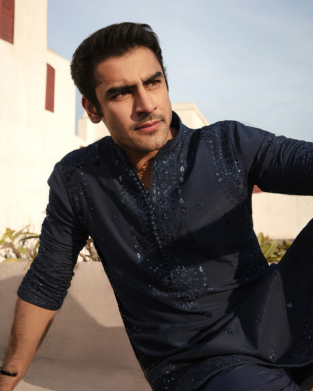 Navy Blue Embroidered Karandi Kurta Set (2-Piece) - Image 3