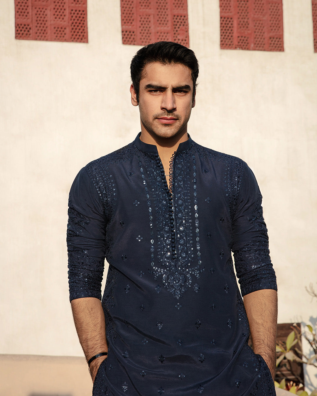 Navy Blue Embroidered Karandi Kurta Set (2-Piece) - Image 4
