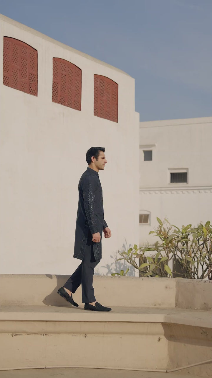 Navy Blue Embroidered Karandi Kurta Set (2-Piece) - Image 7