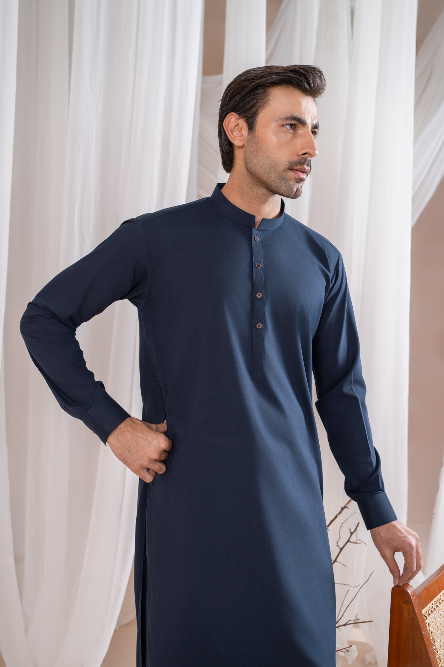 Navy Blue Blended Fabric Kurta Pajama (2-Piece) - Image 1