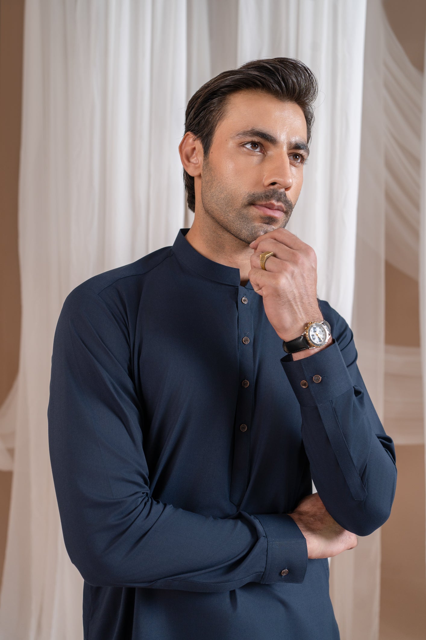 Navy Blue Blended Fabric Kurta Pajama (2-Piece) - Image 4