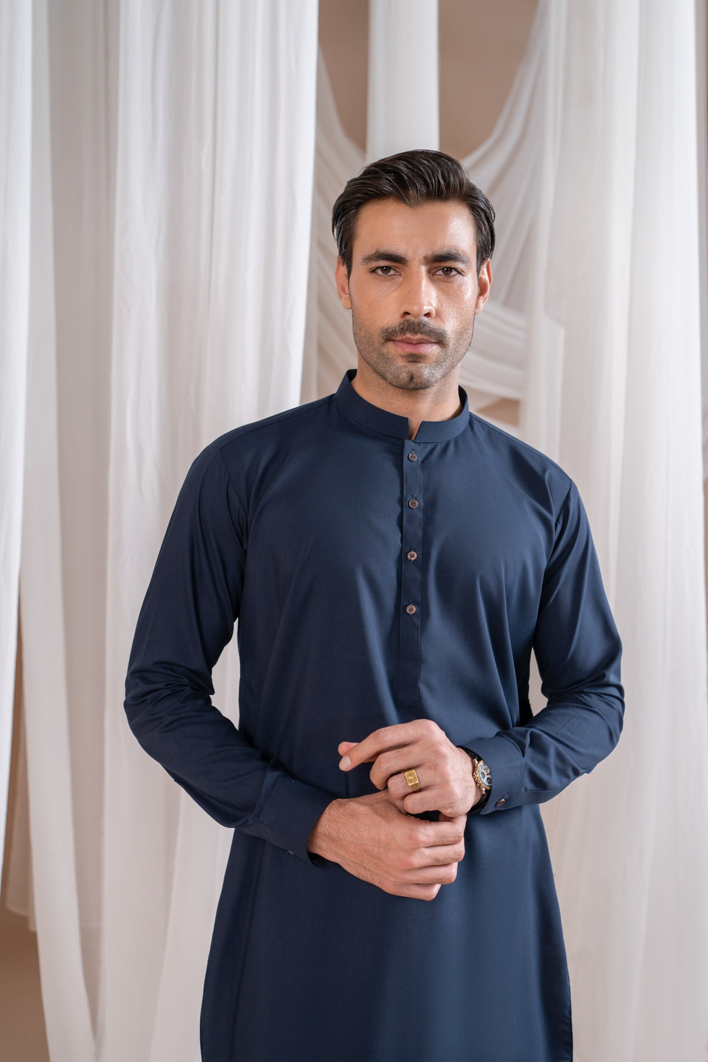 Navy Blue Blended Fabric Kurta Pajama (2-Piece) - Image 5