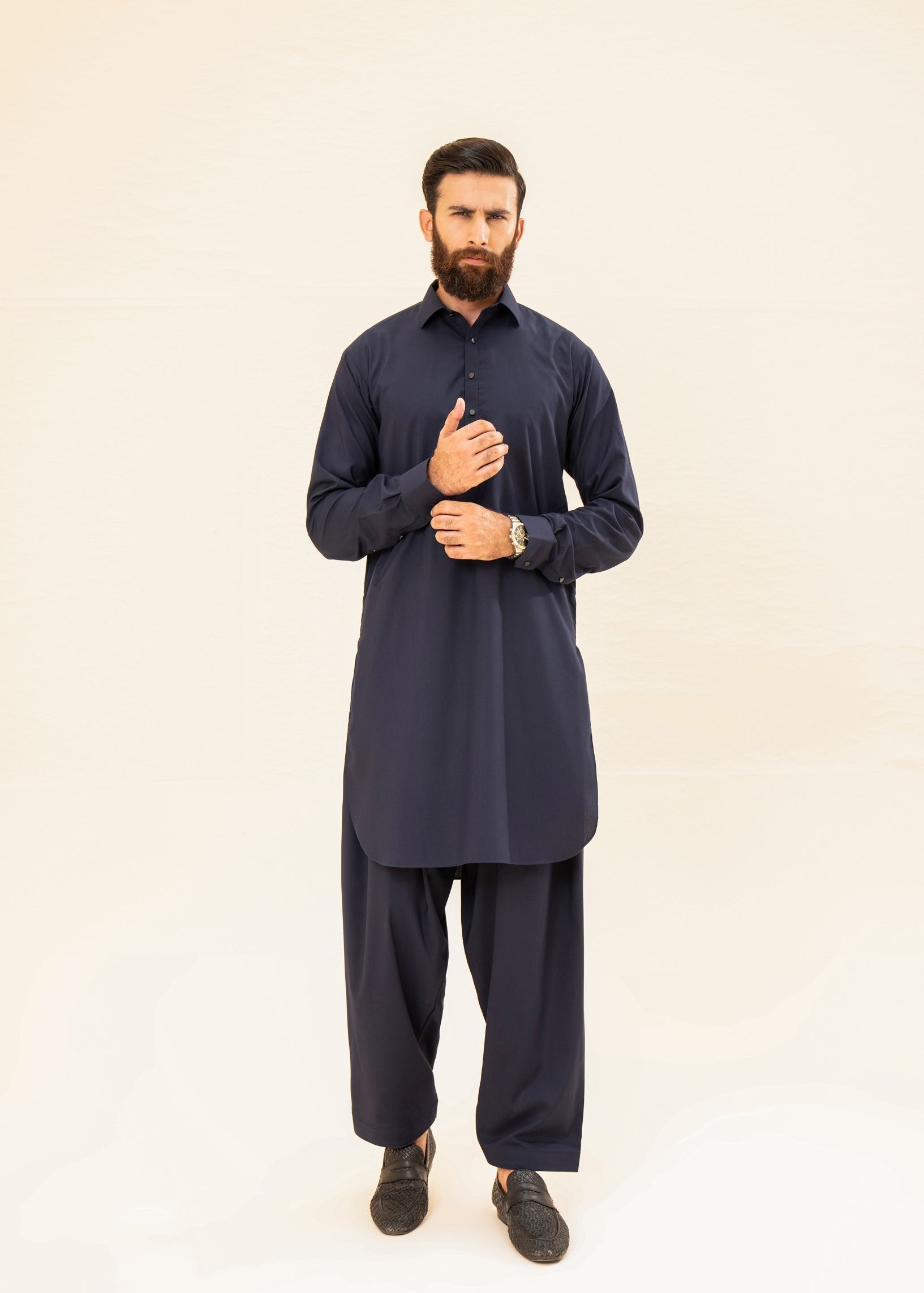 Navy Blue Blended Fabric Kurta Pajama (2-Piece) - Image 7