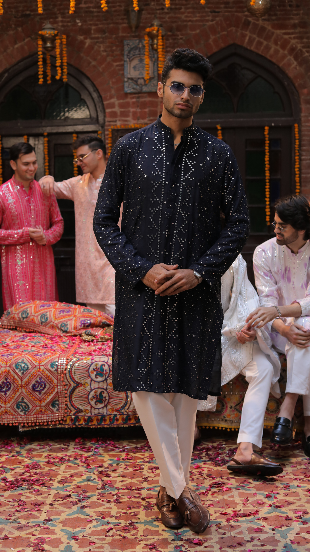 Navy Blue Mirror Work Chanderi Silk Kurta Pajama (2-Piece) - Image 1