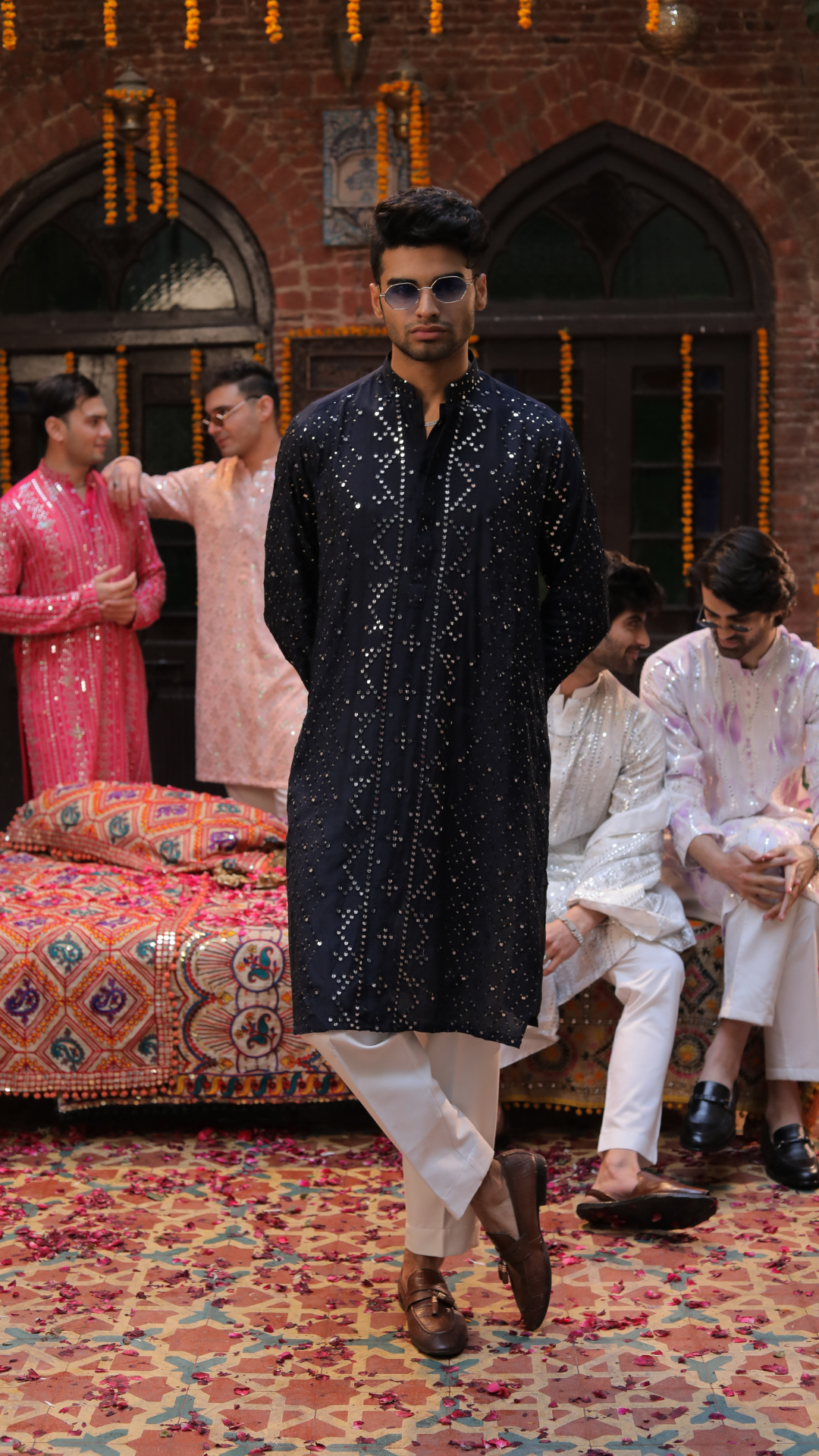Navy Blue Mirror Work Chanderi Silk Kurta Pajama (2-Piece) - Image 2