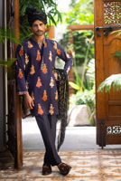 Navy Blue Digital Print Charmeuse Silk Kurta Pajama (3-Piece) - Image 2