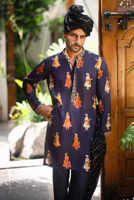 Navy Blue Digital Print Charmeuse Silk Kurta Pajama (3-Piece) - Image 3