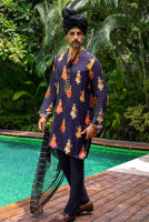 Navy Blue Digital Print Charmeuse Silk Kurta Pajama (3-Piece) - Image 4