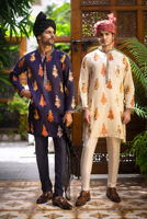 Navy Blue Digital Print Charmeuse Silk Kurta Pajama (3-Piece) - Image 5