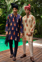 Navy Blue Digital Print Charmeuse Silk Kurta Pajama (3-Piece) - Image 6