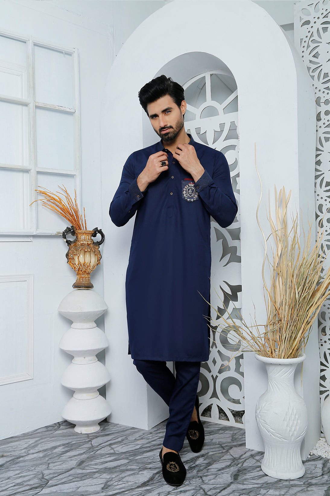 Navy Blue Embroidered Cotton-Blend Kurta Pajama (2-Piece) - Image 1