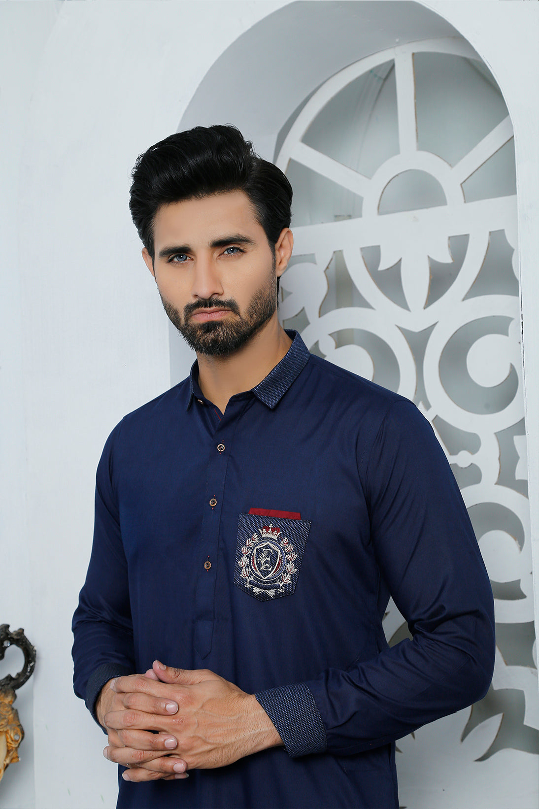 Navy Blue Embroidered Cotton-Blend Kurta Pajama (2-Piece) - Image 3