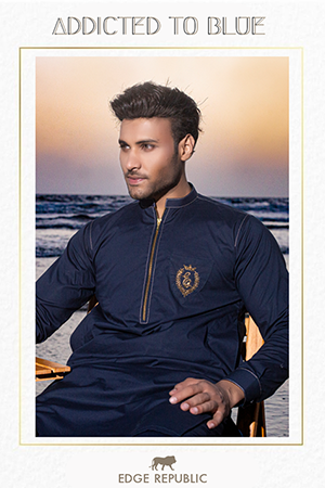 Navy Blue Embroidered Premium Kurta Pajama (2-Piece) - Image 1
